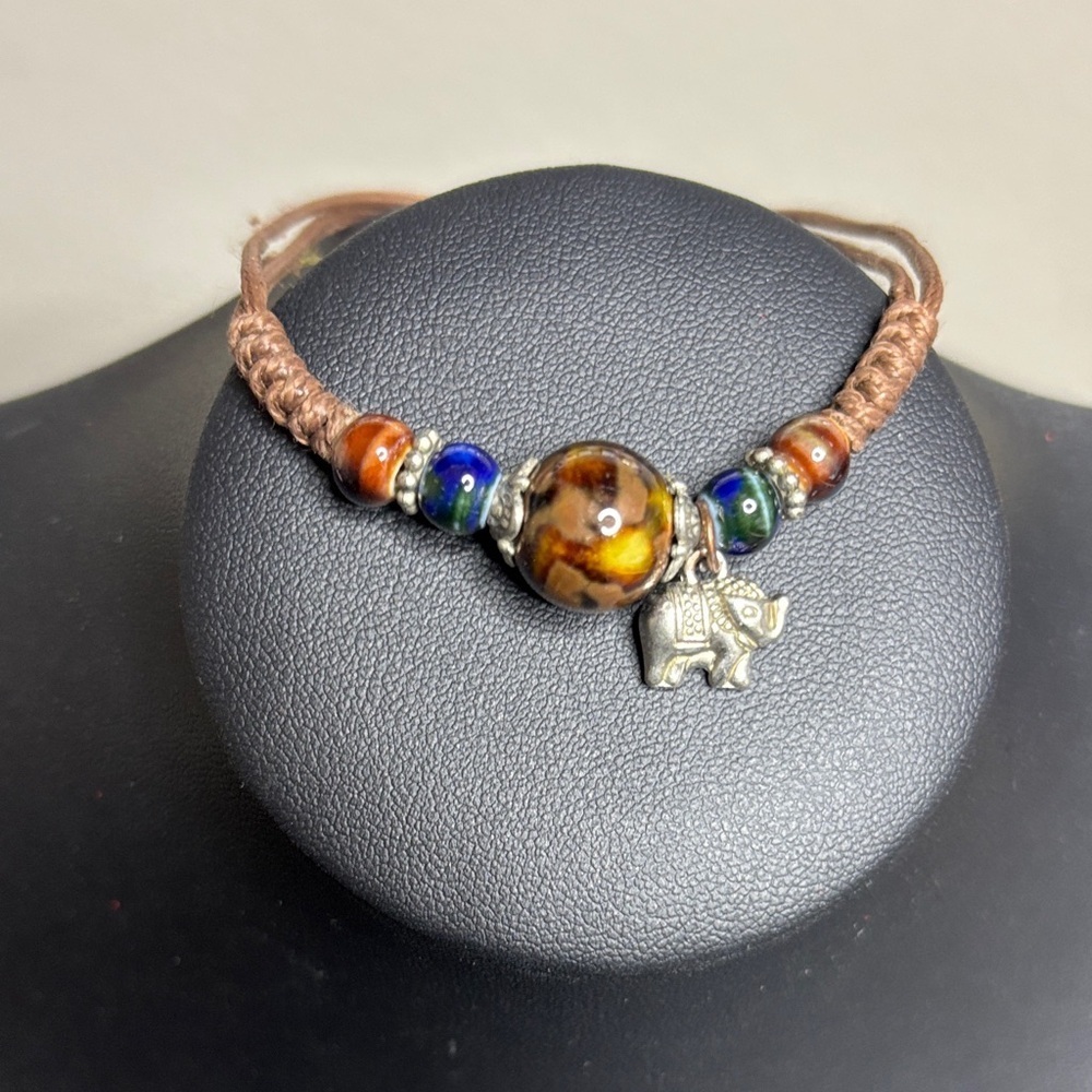 Gemstone Elephant Charm Adjustable Bracelet Good Luck